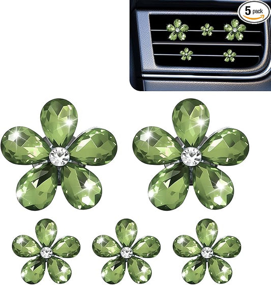 5PCS Bling Daisy Flower Car Air Vent Clips, Car Diffuser Vent Clip, Sparkling Crystal Rhinestone Cute Auto Air Conditioning Clamp, Diamond Air Outlet Clip Decor for Women Girls (Light Green)