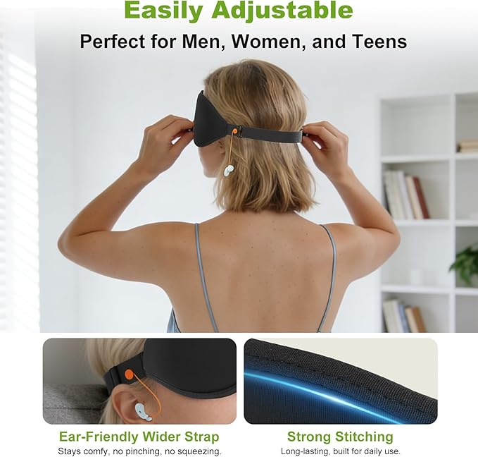 3D Contoured Sleep Mask with Earplug Retainer Cord,100% Pressure-Free & Total Light Blocking Eye Mask with Adjustable Strap. Ideal for Sleep Earplug User, Airplane Travel, Meditation Grey