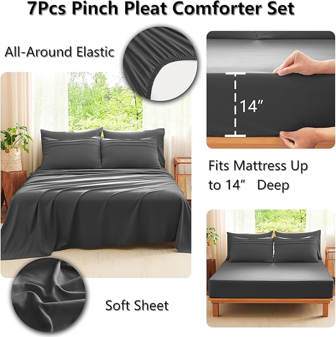 CozyLux Full Size Comforter Sets Dark Grey, 7 Pieces Soft Pinch Pleat Bed in a Bag Full Comforter Set with Sheets, Boho Bed Set with Down Alternative Comforter, Sheets, Pillowcases & Shams