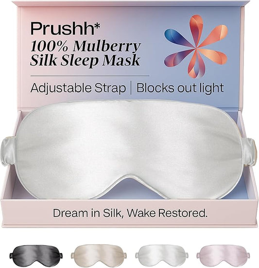 Adjustable Silk Sleep Mask Eye Covers | 100% Pure 6A Mulberry Silk | Blackout & Hypoallergenic | Concealed Strap for Women & Men | for Sleeping & Travel (Ivory White)