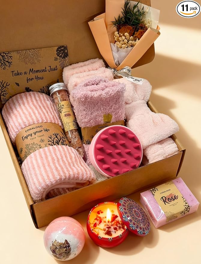 Rose Spa Gift Baskets - Mothers Day Gifts Natural Pampering Spa Set, Self-Care Get Well Soon Basket, Thank You Gifts, Unique 11pcs Gift Set for Women Wife Mom Her Birthday