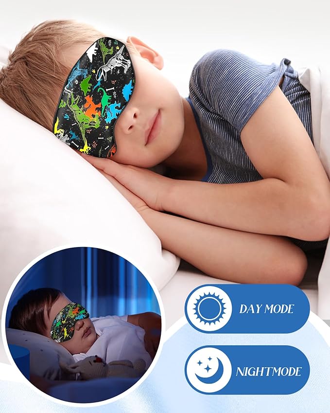Miss Adola Sleep Mask for Kids - Silk Eye Mask for Sleeping Cute Cartoon Kids Sleep Mask for Boys Girls Teens Soft Smooth Adjustable Straps Silk Kids Eye Cover, Black Dinosaur