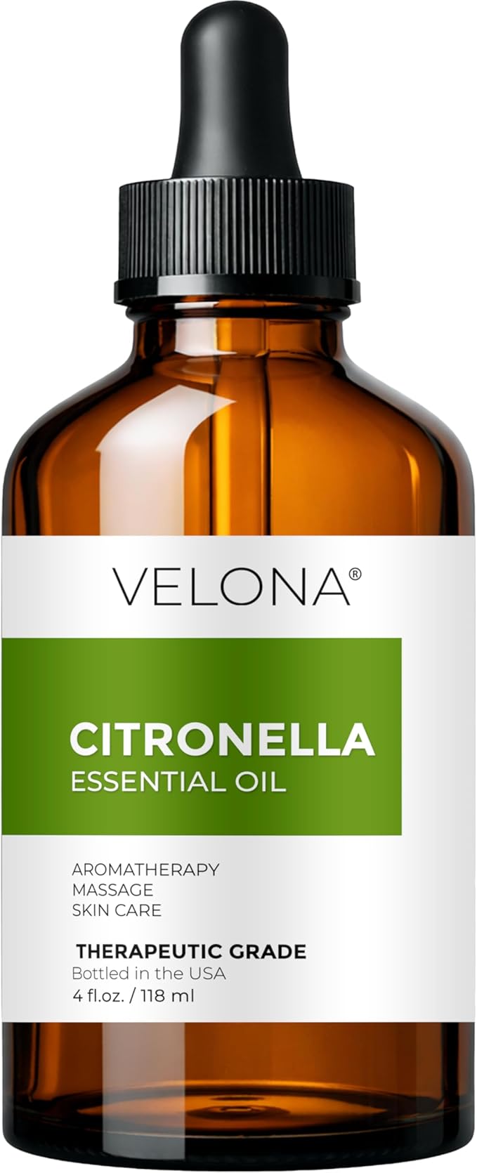 Citronella Essential Oil by Velona - 4 Fl Oz | Therapeutic Grade 100% Pure and Natural | for Aromatherapy Diffuser, Massage, Skincare, Haircare, Soapmaking | Undiluted and Multipurpose in Glass Bottle