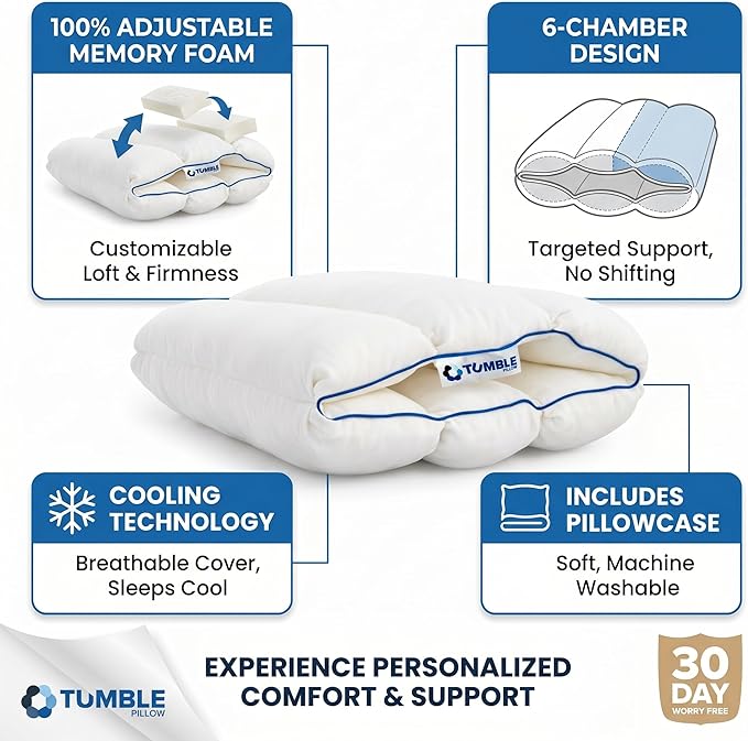 TUMBLE 6-Chamber Adjustable Bed Pillow | Back, Side & Stomach Sleepers | Cooling Cover | Memory Foam & Gel Fiber Fill | Customize Your Comfort | CertiPUR/Oeko-Tex | Standard Queen 2 Pack