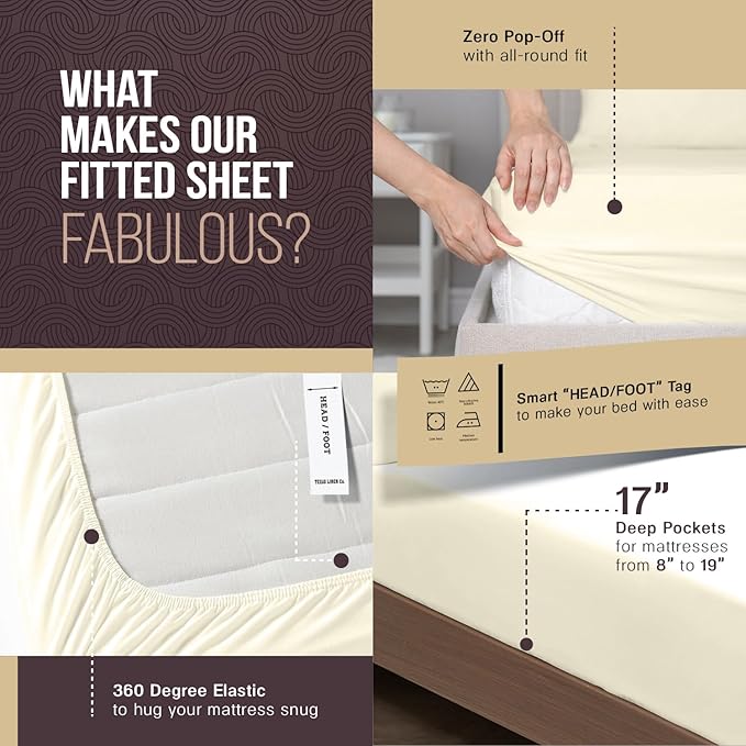 TEXAS LINEN CO. 100% Egyptian Cotton Sheets Queen Size - Snoozin' Supreme Collection 2000 Series Luxury Queen Bed Sheet Set, Cooling Sateen Weave, 17” Extra Deep Pocket Hotel Sheets (4 Pc, Ivory)