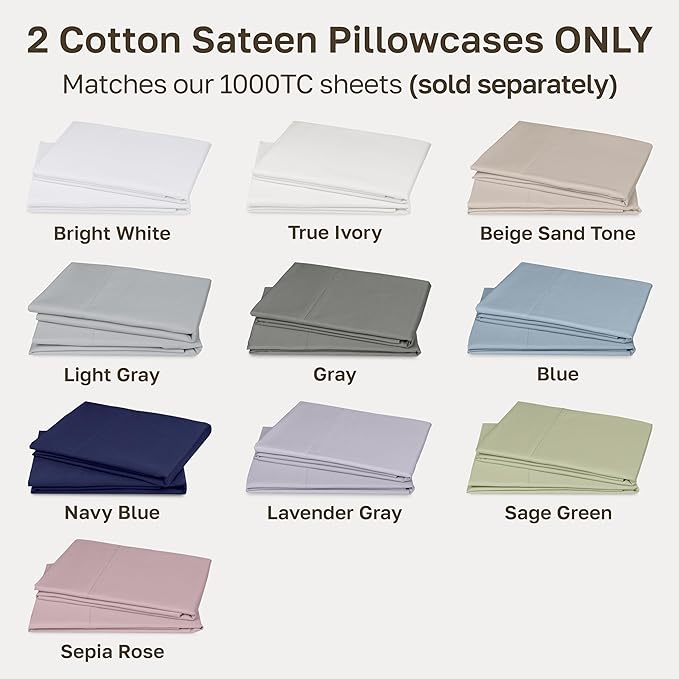 California Design Den Pillow Cases Standard Size Set of 2-1000 Thread Count Sateen, Soft and Thick 100% Cotton Standard/Queen Pillowcases, Durable - Blue