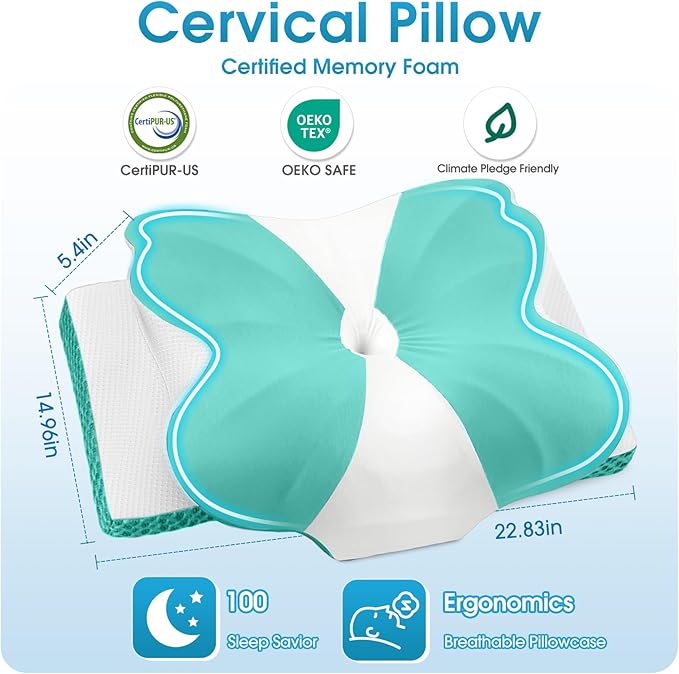 CloudBliss Cervical Memory Foam Pillow for Neck and Shoulder, Contour Neck Support Pillow with Cooling Case, Ergonomic Bed Pillow, Support for Side Back Stomach Sleepers (Green, Standard Size)