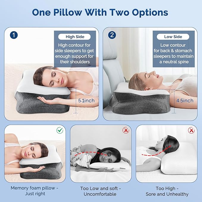 Cervical Neck Pillow, Ergonomic Side Sleeper Pillow for Neck Support, Cooling Memory Foam Pillows for Sleeping, Contour Orthopedic Bed Pillows for Side Back Stomach Sleepers (White)