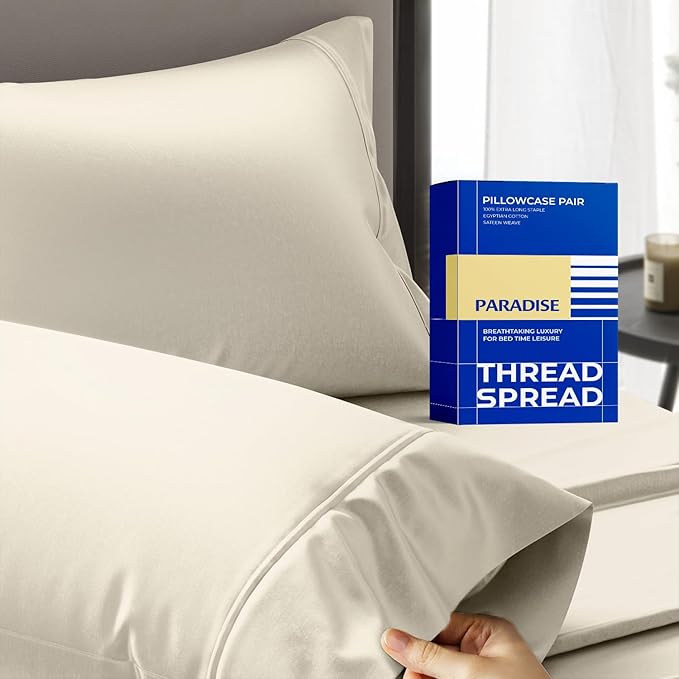 Thread Spread 100% Egyptian Cotton King Size Pillow Cases Set of 2 - Luxury 1000 Series Paradise Collection Pillow Cases King Size (Ivory), Soft Cooling Hotel Egyptian Cotton Pillowcases