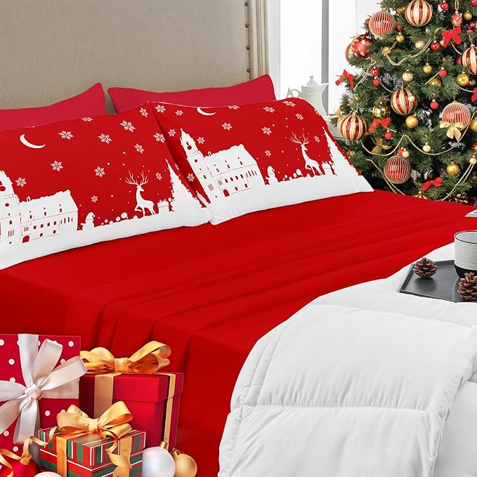 YIYEA Christmas Pillow Cases Queen Size Set of 4, Ultra Soft Double Brushed Microfiber Red Pillowcases and Christmas Pillow Covers, Envelope Closure, Fade Resistant (20"x30")