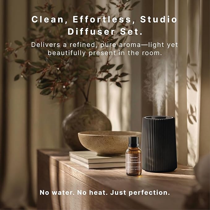Homedics Waterless Essential Oil Diffuser with 15ml Vanilla Cedarwood Fragrance Oil. SereneScent Cordless Cold Air Scent Diffuser Starter Kit with Ambient Light, Studio 671 (Black)
