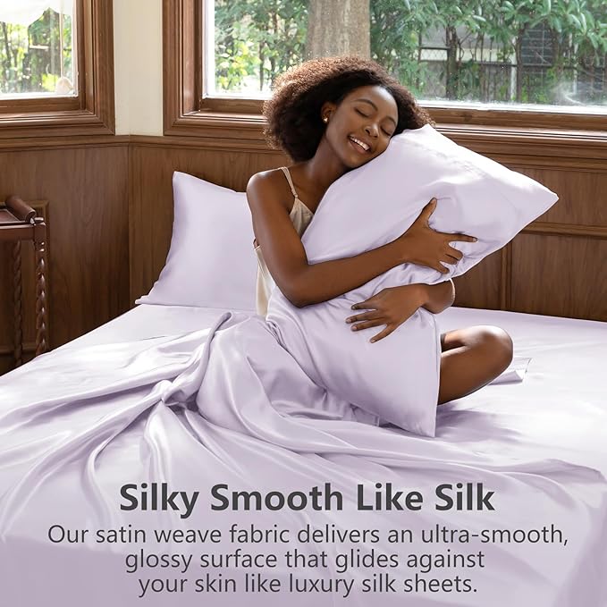 CozyLux Satin Sheets Queen Size Bed Set - 4 Piece Silky Queen Sheet Set, Luxury Taro Purple Queen Sheets with Smooth and Soft Microfiber, Includes 1 Fitted Sheet, 1 Flat Sheet and 2 Pillowcases