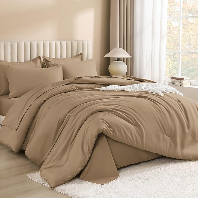 Litanika Oversized King Comforter Sets Taupe - 7 Pieces Bed in a Bag Oversized King Bedding Comforter Sets, Solid Lightweight Bed Set with Comforter, Sheets, Pillowcases & Shams