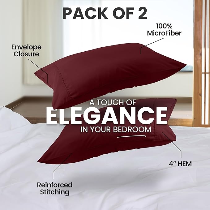 Utopia Bedding Standard Pillow Cases - 2 Pack - Envelope Closure - Soft Brushed Microfiber Fabric - Shrinkage and Fade Resistant Pillow Covers Standard Size 20 X 26 Inches (Standard, Burgundy)