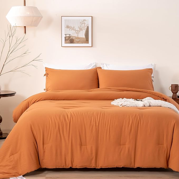 Burnt Orange Queen Size Comforter Set, Rust Comfy Fluffy Ultra Soft Polyester Cotton Blend, 3 Pieces Solid Terracotta Bedding Down Quilted Blanket Comforter & Pillowcase for All Season Use