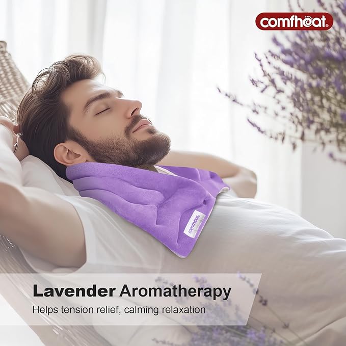 Neck Heating Pad Microwavable for Pain Relief, Moist Hot Compress Microwave Neck Warmer Wrap FSA Eligible HSA for Sore Muscles Relief, Lavender Aroma, 25 x 5.7 Inches, Purple