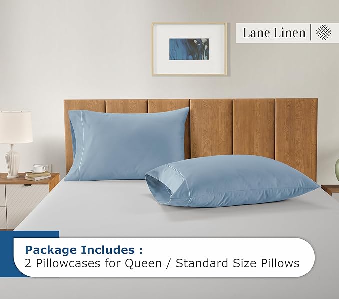 LANE LINEN 100% Egyptian Cotton Pillow Cases Queen Size Set of 2 (20"x30") - - Soft Light Blue Pillow Cases - French Blue