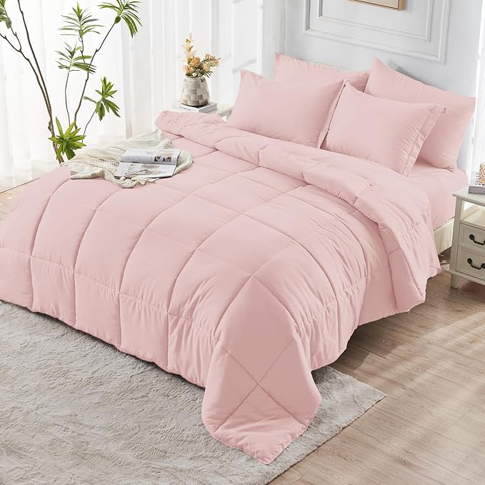 JOLLYVOGUE California King Comforter Set, Ultra-Soft Bed in a Bag Cal King Size 7 Pieces, Oeko-TEX Certified Bedding Set with Down Alternative Comforter, Sheets, Pillowcases & Shams, Blush Pink