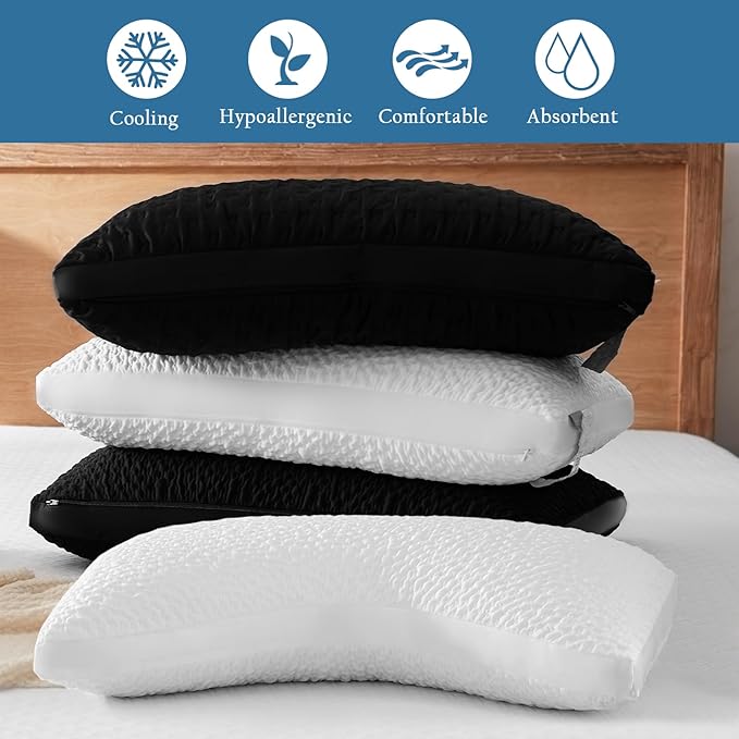 Side Sleeper Pillow for Adults, Adjustable Shredded Memory Foam for Neck and Shoulder Pain, Curved Cooling Gusseted Bed Pillows for Hot Sleepers, Washable Cover & Extra Foam Bag, Black Standard Size