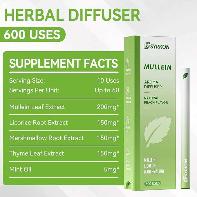 Herbal Diffuser Pens, 2 Pack, Mullein for Lung Support & Calm Mood with Ashwagandha, Natural Plant Extracts, Total 1200 Uses, Portable and Compact