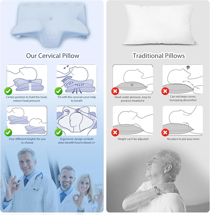 Cervical Pillow for Neck Pain Relief, Cooling Contour Memory Foam Pillows Support Odorless Ergonomic Neck Pillow Adjustable Orthopedic Bed Pillow for Side Back Stomach Sleeper,Blue