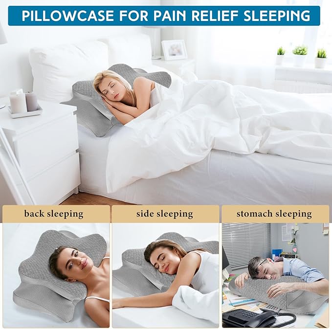 HunnmingRe Cervical Pillow Case Cover Comfortable and Breathable Memory Foam Cervical Neck Pillow Case Cover with Zipper(Gray,Standard Size)