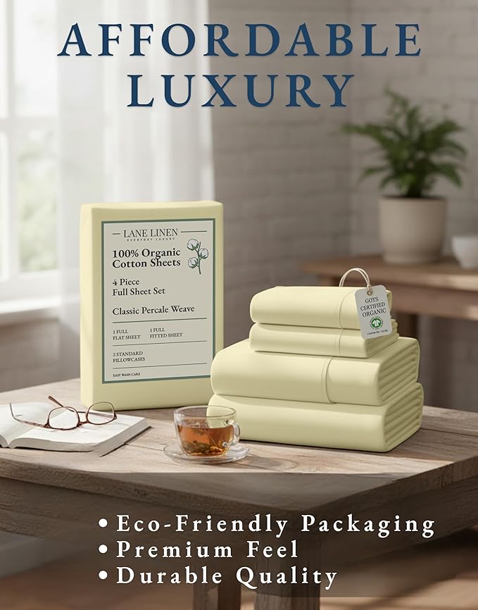 LANE LINEN 100% Organic Cotton Full Size Bed Sheets, Sustainably Produced Okeo Tex Certified Cotton Sheets Full, Luxury Hotel Percale Soft & Comfy Comes in Variety of Colors- Vanilla
