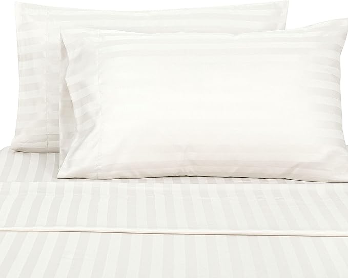 ROYALE LINENS 1500 Thread Count Poly Cotton Sateen Dobby Stripe Sheet Set - 6 Piece King Bed Sheets - 1 Fitted, 1 Flat, 4 Pillow Cases -Soft Cool & Crisp Sheet Set (King, Bright White)