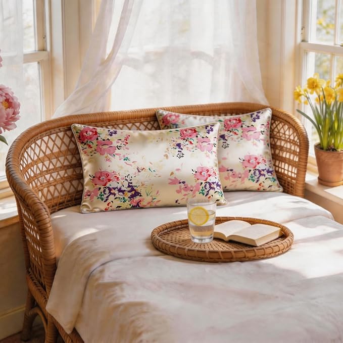 100% Mulberry Silk Pillowcase for Hair and Skin care, Envelope Closure, Natural &Vintage Floral Printed Cooling & Slip Silk Pillow Case, Both Sides Soft Breathable, Queen size, 1 Pack (Beige (2 Pack))