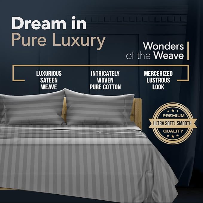 TEXAS LINEN CO. 100% Egyptian Cotton Sheets California King Size - Luxury 1500 Series Couture Comfortin' Damask Cal King Sheet Set Egyptian Cotton, (4 PC, Dark Grey Stripe), 17" Deep Pocket Bedsheet