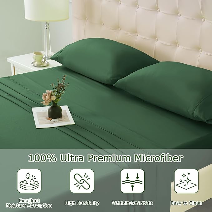 Full Size Bed Sheet Set - 4 Piece Soft Microfiber Sheets with Deep Pockets, Cooling Technology, and Wrinkle-Free Pillowcase. Hotel-Quality, Durable Bedding, Eden Green