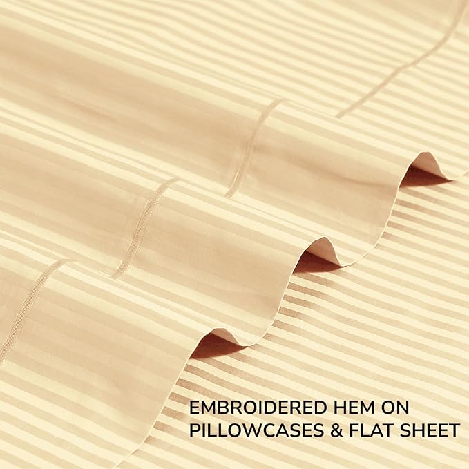 Feather & Stitch 500 TC Queen Size Damask Bed Sheet Set, 100% Cotton Soft Breathable Bedsheets, 4 Piece 18" Deep Pockets Sateen Weave Striped Bedding Mattress Resort Hotel Luxury - (Semolina Stripe)