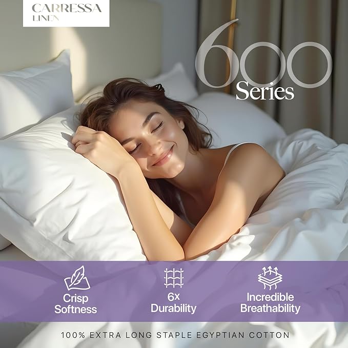 Carressa Linen 100% Egyptian Cotton Full Size Sheets - 600 Series Hydrangeas Collection Full Size Egyptian Cotton Sheets (8 PC, Crisp White), 16" Deep Pocket Sateen Weave Luxury Hotel Bed Sheet Set
