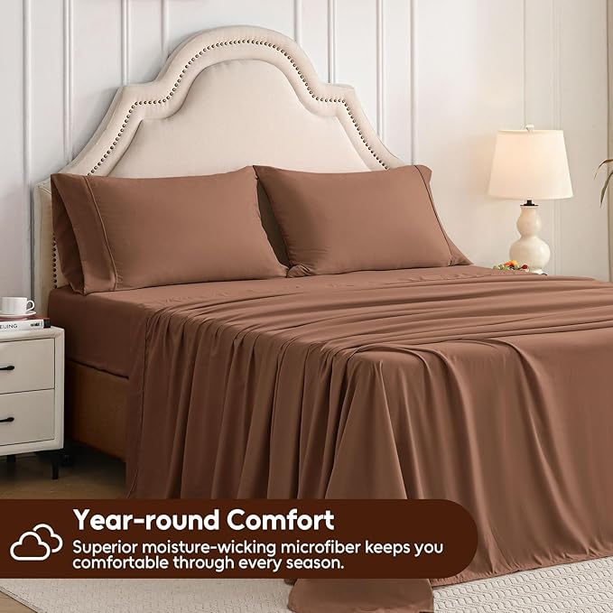 Twin Sheets Set, 3 Pieces Hotel Luxury Soft Microfiber Bed Sheets Set, Up to 16" Deep Pockets, Oeko-Tex Sheets with Elastic, Breathable, Wrinkle Free (Brown,Twin)