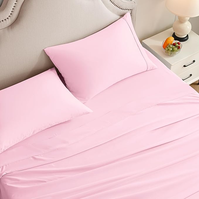 King Size Sheets Set, 4 Pieces Hotel Luxury Soft Microfiber Bed Sheets Set, Up to 16" Deep Pockets, Oeko-Tex Sheets with Elastic, Breathable, Wrinkle Free (Light Pink, King)