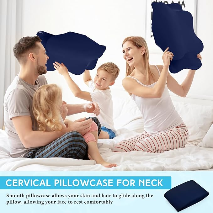 Hahafelt Cooling Cervical Neck Pillowcase Cover (Only Pillow Case) Ergonomic Pillowcase with Zipper Breathable Contour Pillow Cover for Side Back Stomach Sleepers(Navy Blue,Queen Size)
