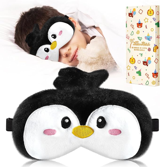 Miss Adola Sleep Mask for Kids - Valentines Gift for Kids Cute Plush Fuffy Sleeping Eye Cover Kawaii Soft Eyeshade Animal Eye Blindfold for Girls Boys Teens with Adjustable Strap, Penguin