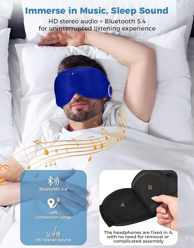 Sleep Mask with Bluetooth Headphones, Removable 3D Contoured Cup, Wireless Eye Mask for Sleep, Sleeping Headphones with Thin Stereo Speakers for Men, Women, Travel, Relaxation - Blue