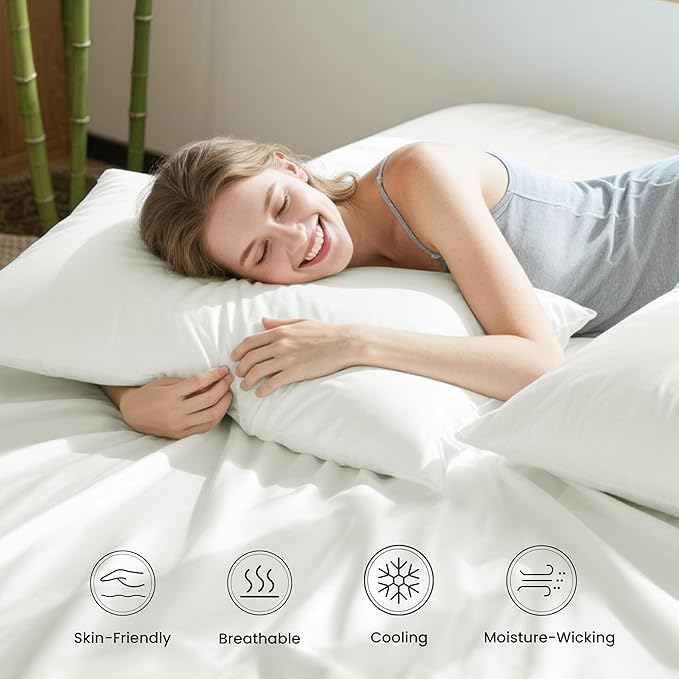 Love's cabin 4 Piece California King Size Sheet Set, 100% Rayon Derived from Bamboo, Cooling & Breathable, Soft Silky Deep Pocket up to 16", Hotel Luxury Bedding for Hot Sleepers, White