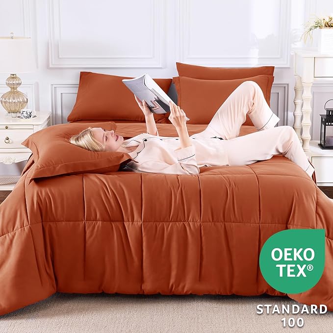 CozyLux Full Size Comforter Sets Terracotta - 7 Pieces Bed in a Bag Full, Oeko-Tex Certified Bed Set, All Season Soft Bedding Set with Down Alternative Comforter, Sheets, Pillowcases & Pillow Shams