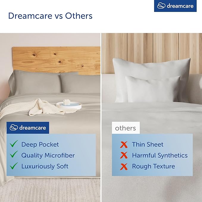 DREAMCARE Queen Sheet Set - 6 pcs Breathable Cooling Bed Sheets - up to 21" Extra Deep Pocket Queen Sheets Set with Side Pockets - Extra Soft 100% Brushed Hypoallergenic Hotel Luxury Bedding - Beige