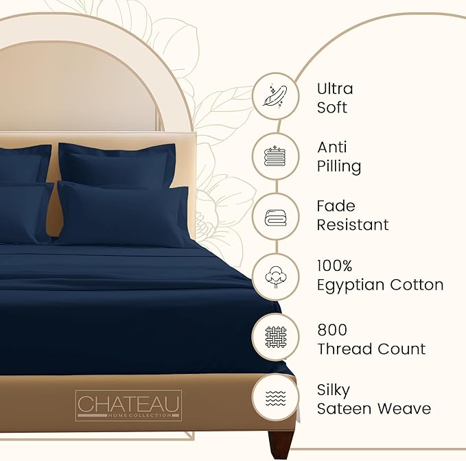 100% Egyptian Cotton Sheets For California King Size Bed, 800TC Sateen Weave CalKing Sheet Set, 15" Deep Pocket Elasticated Sheet & Pillowcase Sets, Soft, Cool, & Breathable - Dark denim