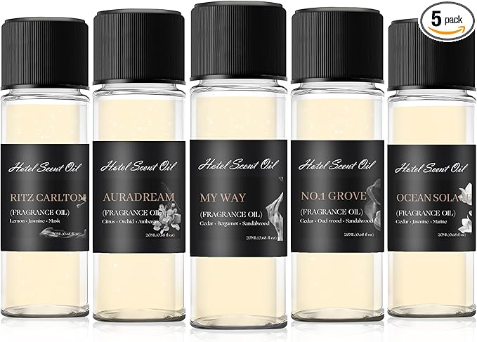 Essential Oil Set - 100% Pure Natural Essential Oil, Top 5 Hotel Scents Essential Oils for Any Diffusers - Aromatherapy Oils Gift Set - My Way, Rite Carlton, Auradream, No.1 Grove, Ocean Solace, 20mL