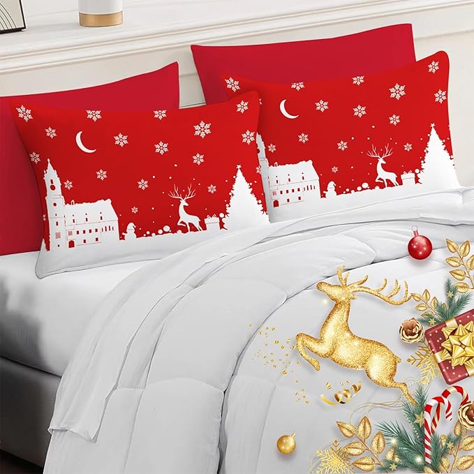 YIYEA Christmas Pillow Cases Queen Size Set of 4, Ultra Soft Double Brushed Microfiber Red Pillowcases and Christmas Pillow Covers, Envelope Closure, Fade Resistant (20"x30")