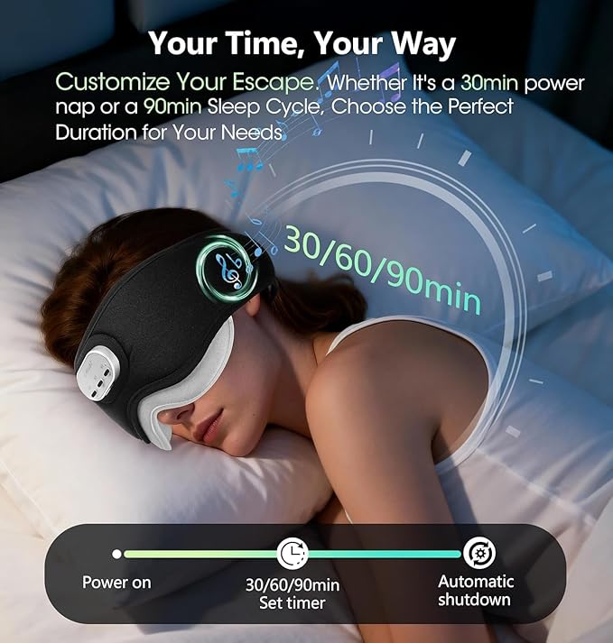 LC-dolida Voice Control Bluetooth Sleep Mask, Bamboo Cotton Bluetooth Sleep Headphones with 3D Zero-Pressure Cups and Timer Setting, Total Blackout Sleep Eye Mask for Side Sleepers (Black)