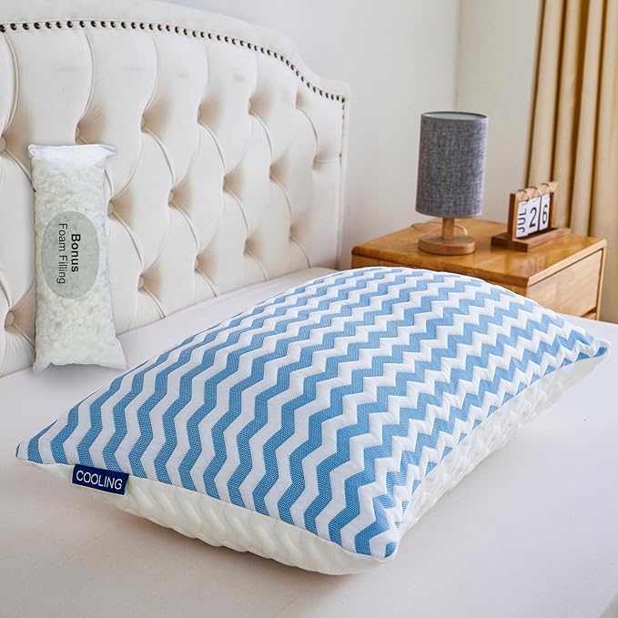 Pillows Queen Size for Bed - Firm Pillow for Back Stomach and Side Sleeper - Shredded Memory Foam Cooling Pillow for Neck and Shoulder Pain Washable Adjustable