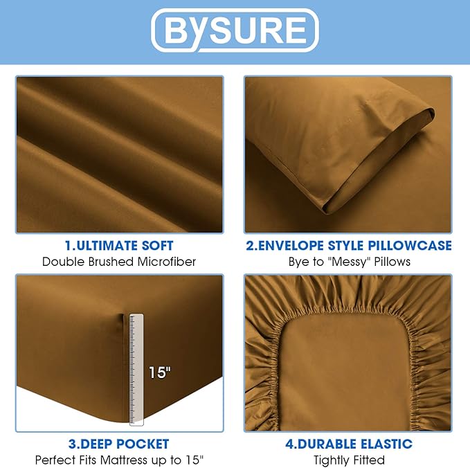 BYSURE 6 Pieces Bed Sheets Set(Full, Mocha) - Super Soft 1800 Thread Count 100% Microfiber Sheets with Deep Pockets, Wrinkle & Fade Resistant