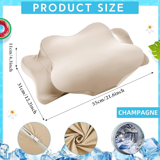 Hahafelt Cooling Cervical Neck Pillowcase Cover (Only Pillow Case) Ergonomic Pillowcase with Zipper Breathable Contour Pillow Cover for Side Back Stomach Sleepers(Champagne,Standard Size)