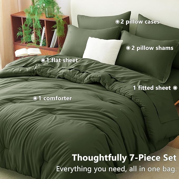 CozyLux King Size Comforter Set Olive Green, 7 Pieces Bed in a Bag King Comforter Set with Sheets, Luxury Bedding Sets with Down Alternative Comforter, Fitted Sheet, Flat Sheet, Pillowcases & Shams