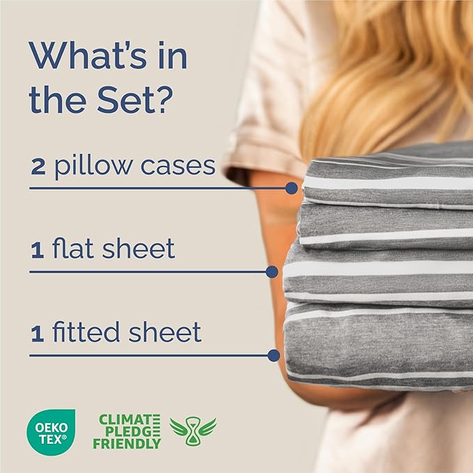 King Size 4 Piece Sheet Set - Comfy Breathable & Cooling Sheets - Hotel Luxury Bed Sheets for Women & Men - Deep Pockets, Easy-Fit, Soft and Wrinkle Free Sheets - Grey Stripes Oeko-Tex Bed Sheet Set